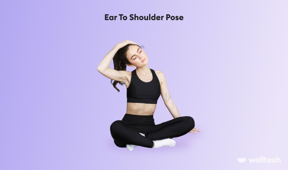 a woman is practicing Ear To Shoulder Pose_Sukhasana variation_shoulder yoga poses
