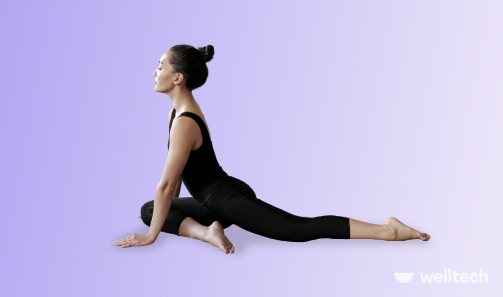 a woman is practicing Pigeon Pose (Kapotasana II)_hip flexor stretch yoga