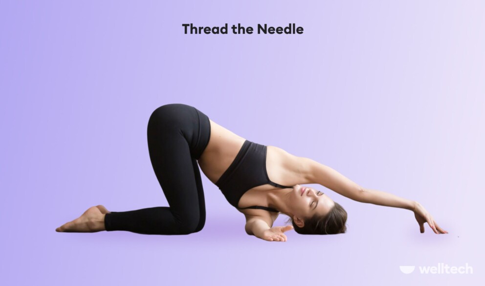 a woman is practicing Thread the Needle_Parsva Balasana_shoulder yoga poses