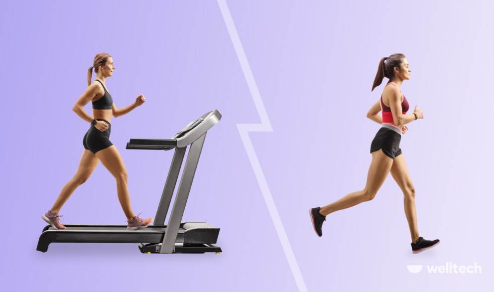 a comparison of two women walking_one on a treadmill, another one outside_walking outside vs treadmill