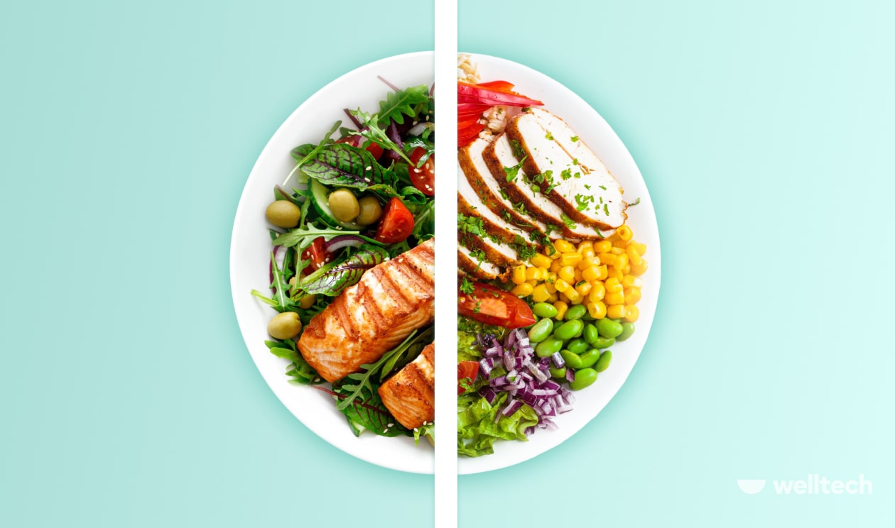 a plate is divided into two parts_one with dash-diet meal example, another with mediterranean meal example_mediterranean dash diet