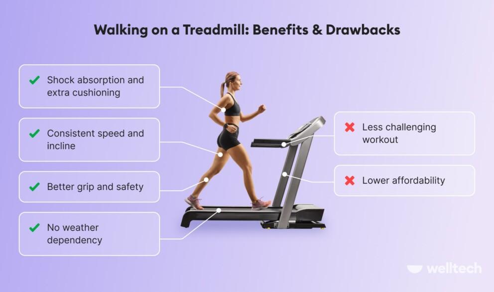 a woman is walking on a treadmill, list of pros and cons of walking on a treadmill, walking outside vs treadmill
