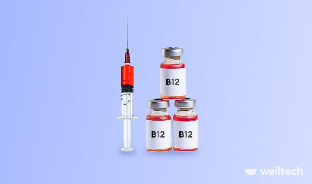 three bottles with liquid vitamin B12, a syringe with vitamin B12, B12 Shots For Weight Loss