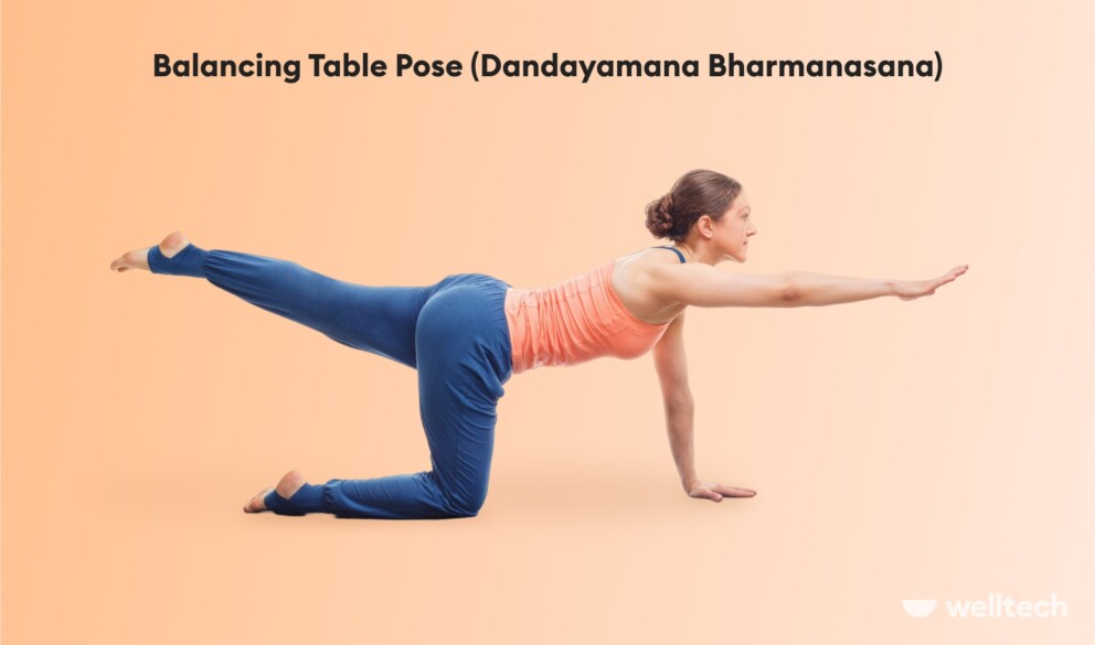 a woman is practicing Balancing Table Pose (Dandayamana Bharmanasana)_yoga kneeling pose