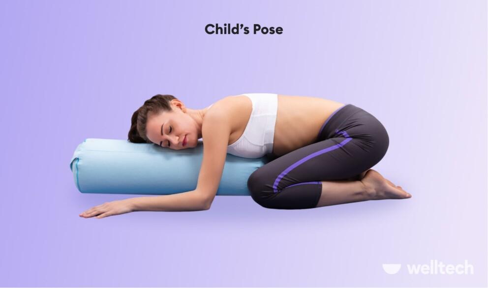 a woman is practicing restorative yoga_Childs pose__yoga poses with a bolster