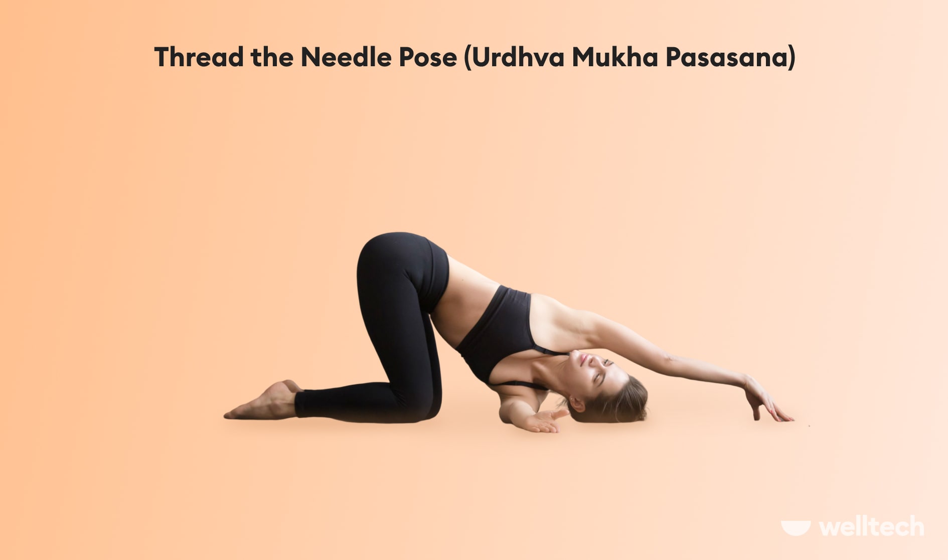 a woman is practicing Thread the Needle Pose (Urdhva Mukha Pasasana)_yoga kneeling pose