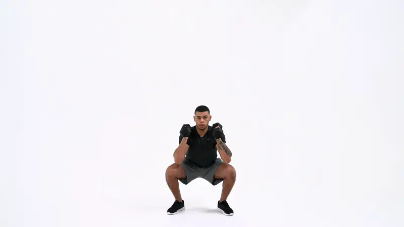 a man is performing Thrusters with dumbbells_box jump alternative