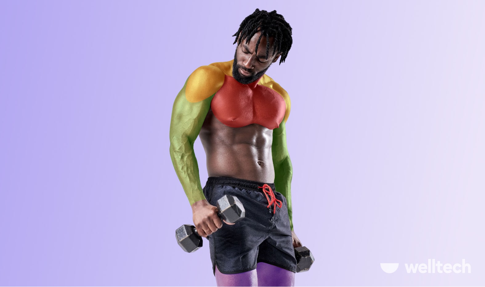 a man is working put with dumbbells, muscle groups highlighted in different colors_bro split