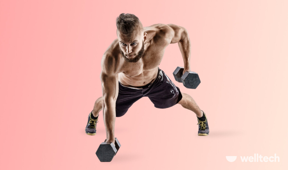 a man is performing push up rows with dumbbells_dumbbell push workouts