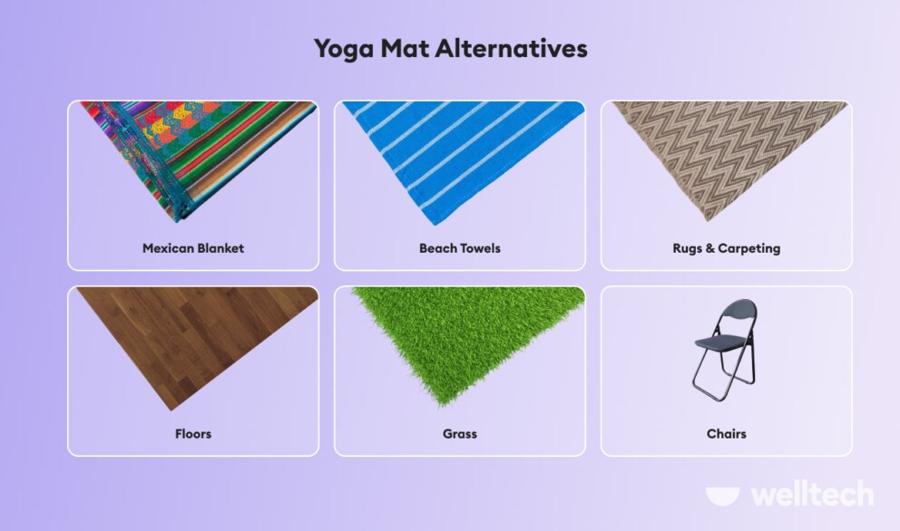 substitute for yoga mat_7 options, beach towel, mexican blanket, grass, floors, rugs, carpeting, and chairs