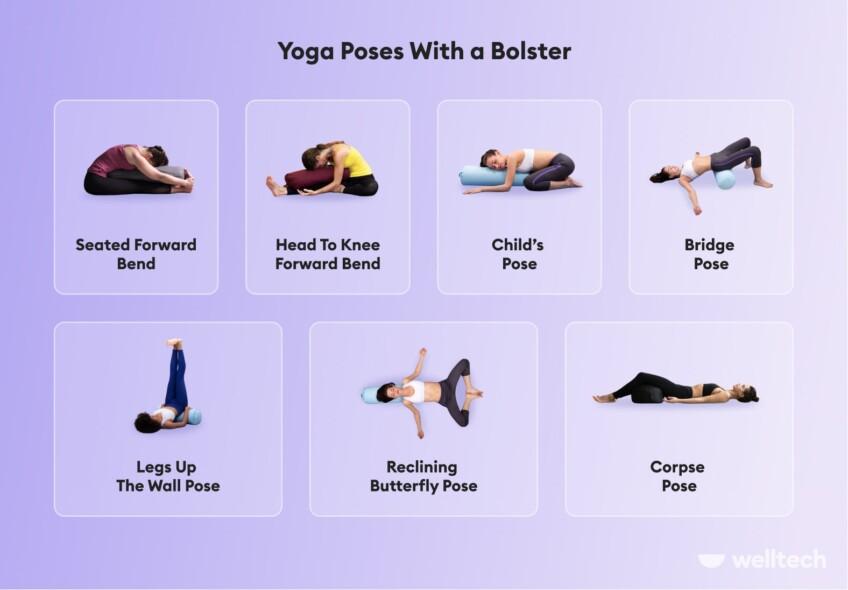 a chart with restorative yoga poses with a bolster