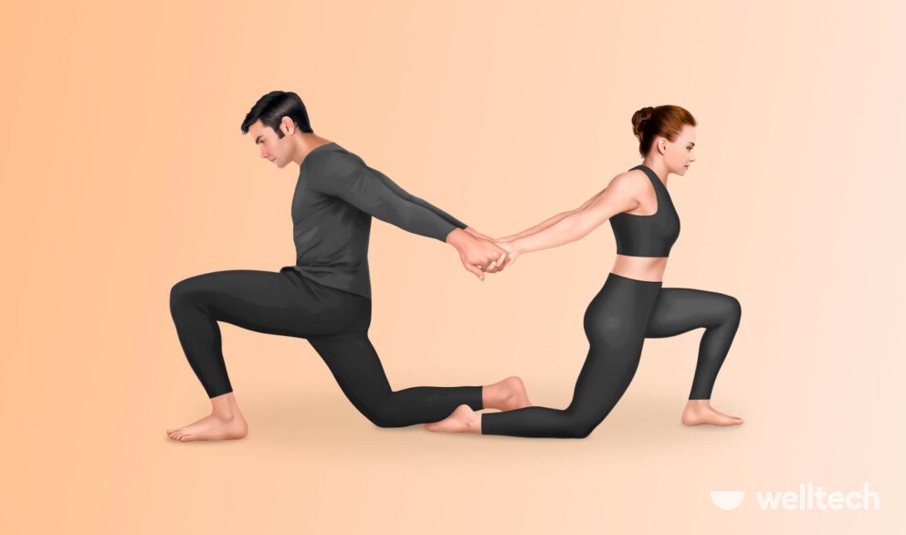 a couple, man and woman, are stretching, doing Back-to-Back Lunge_partner stretches
