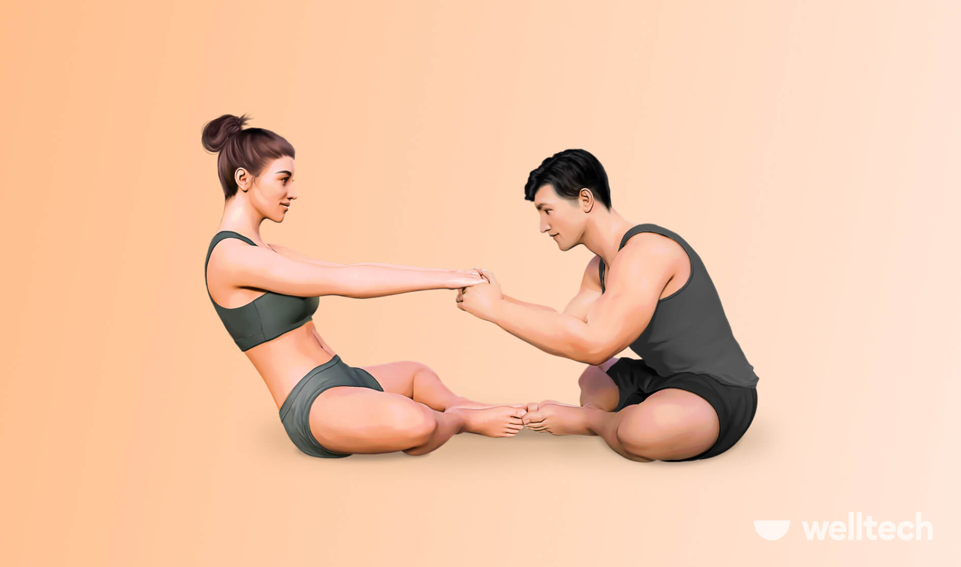 a couple, man and woman, are stretching, doing Cross-Legged Fold_partner stretches