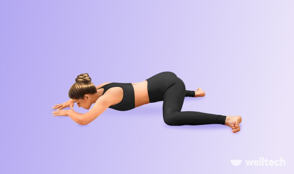a woman is practicing yoga, doing an advanced frog stretch, frog pose variation
