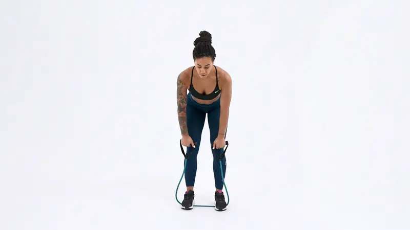 a woman is doing Handle Band Bent Over Row, pull exercises