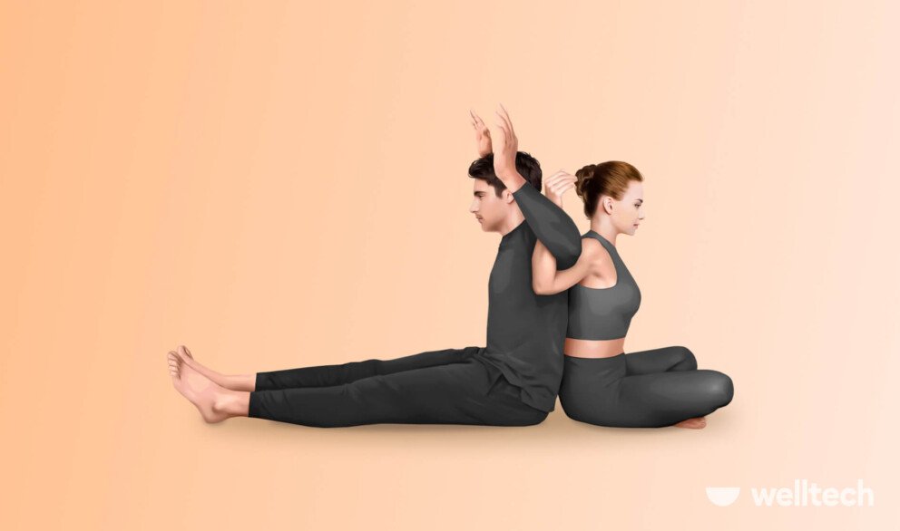 a couple, man and woman, are stretching, doing Heart-Opener Stretch_partner stretches