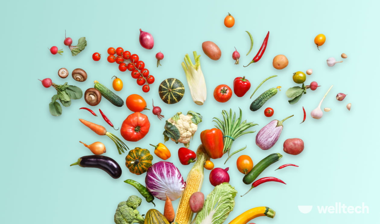 various fruits, vegetables and greens are on the image, high-volume low-calorie foods