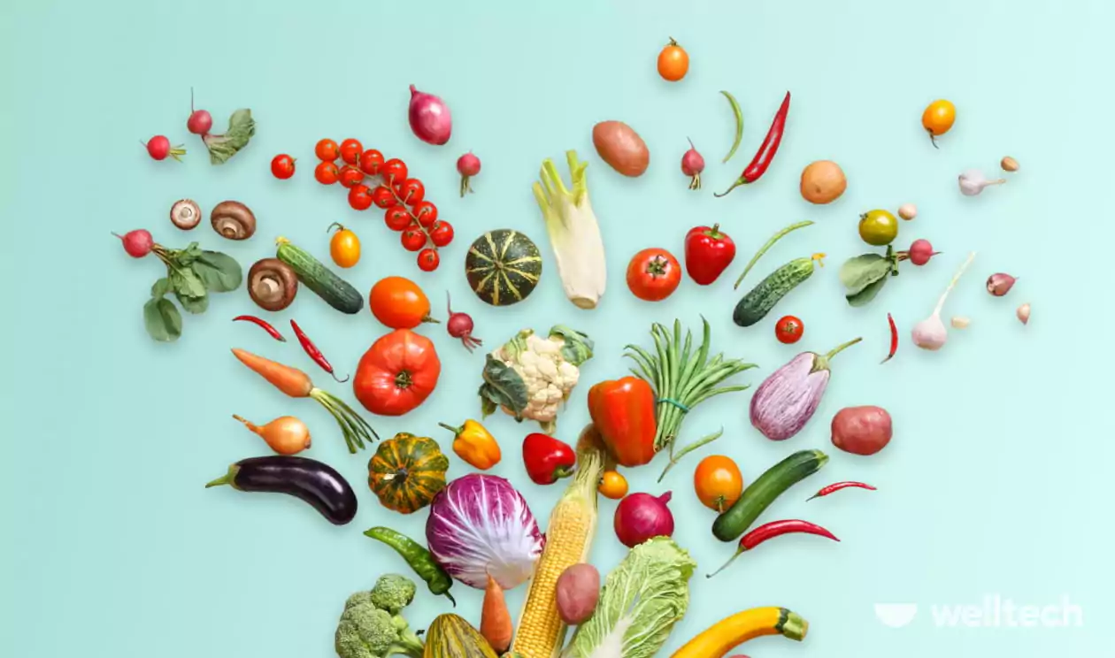 various fruits, vegetables and greens are on the image, high-volume low-calorie foods
