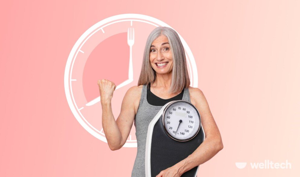 a woman with grey hear, smiling, holding scales, Intermittent Fasting for Women Over 50