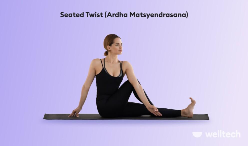 a woman is practicing Seated Twist (Ardha Matsyendrasana)_yoga with hernia