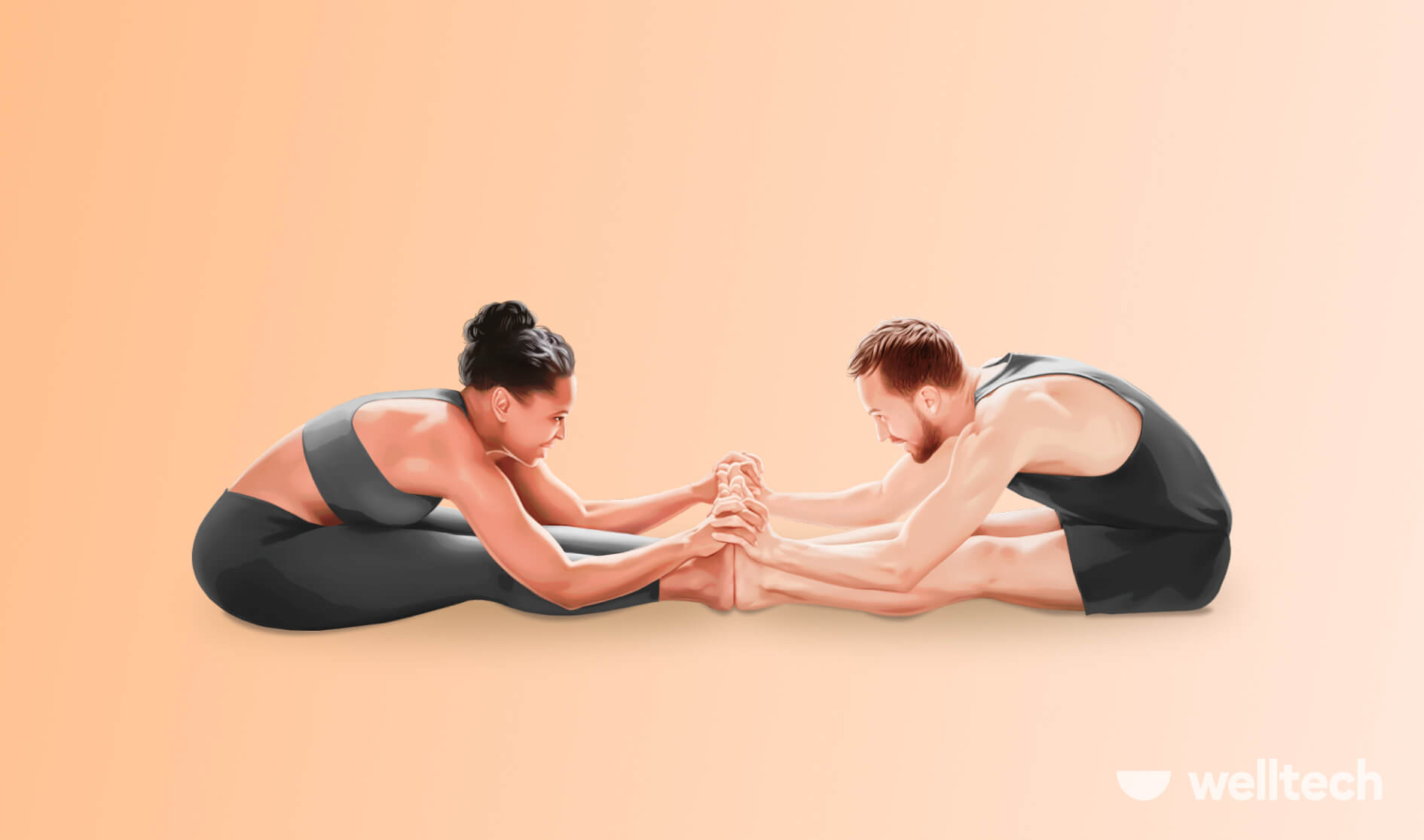 a couple, man and woman, are stretching, doing Seesaw Pose (Dandasana Paschimottanasana)_partner stretches