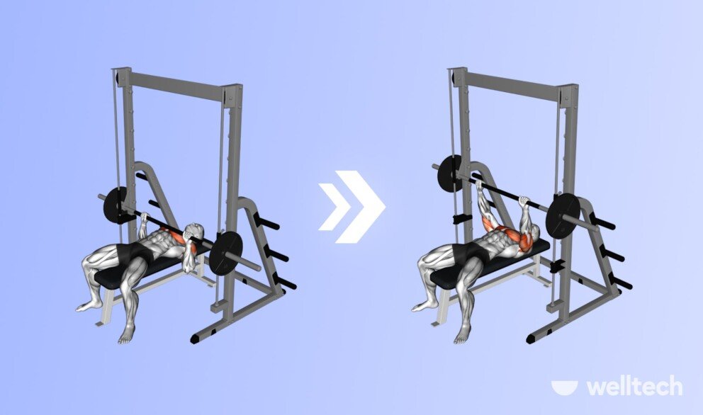 a male model is doing bench press on smith machine_Smith Machine Bench Press