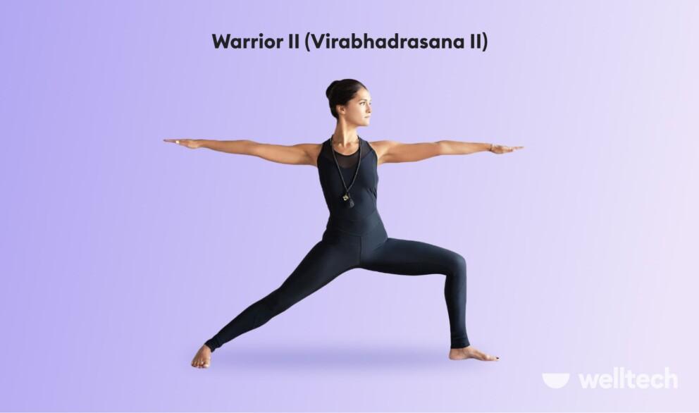 a woman is practicing Warrior II (Virabhadrasana II)_yoga with hernia