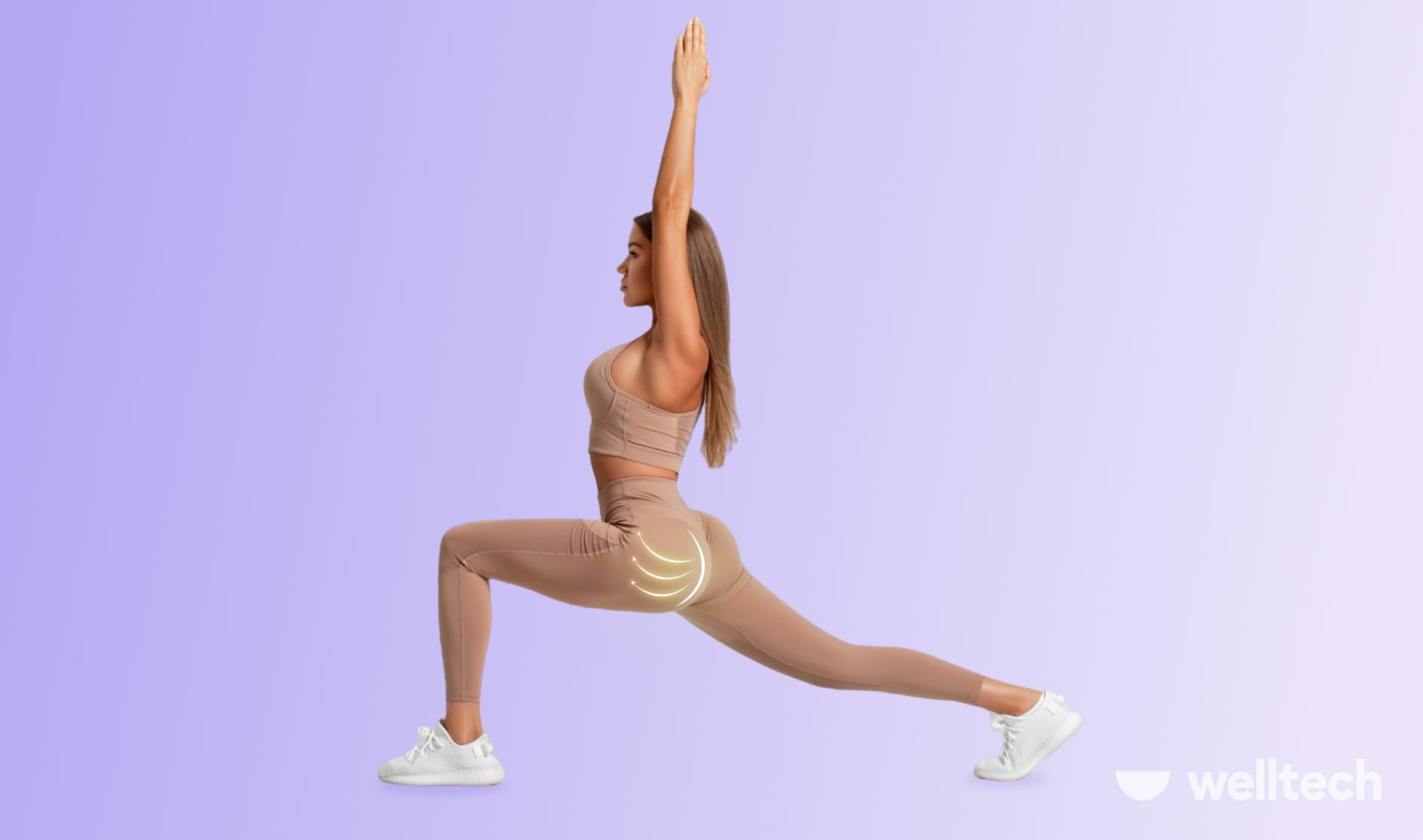 a woman in sportswear is doing high lunge_yoga for glutes
