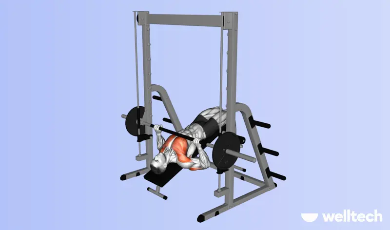 a male model is performing decline smith machine bench press
