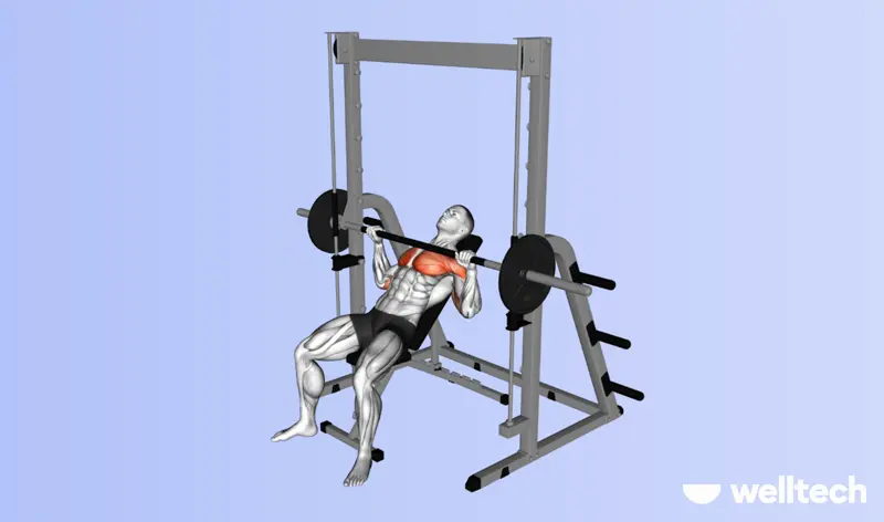 a male model is performing incline smith machine bench press