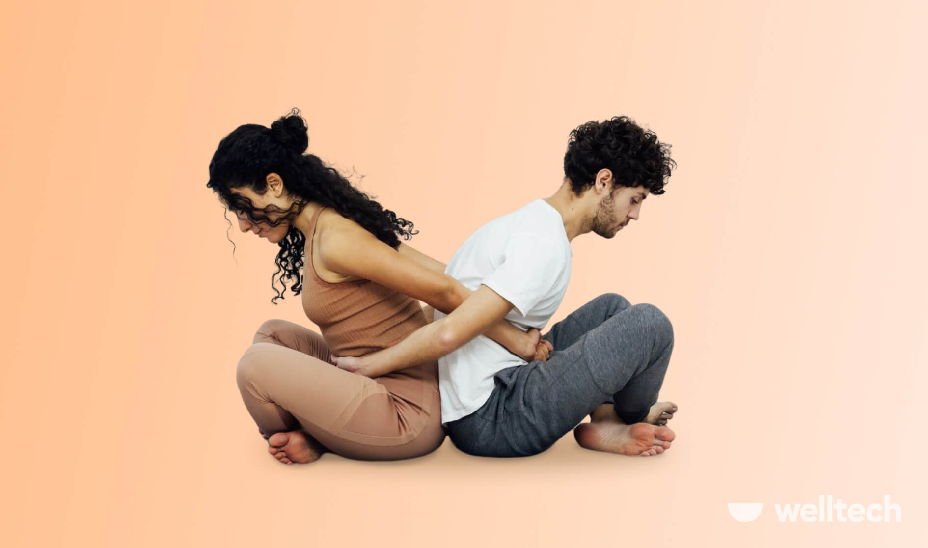 a couple, man and woman, are stretching, sitting back to back, partner stretches