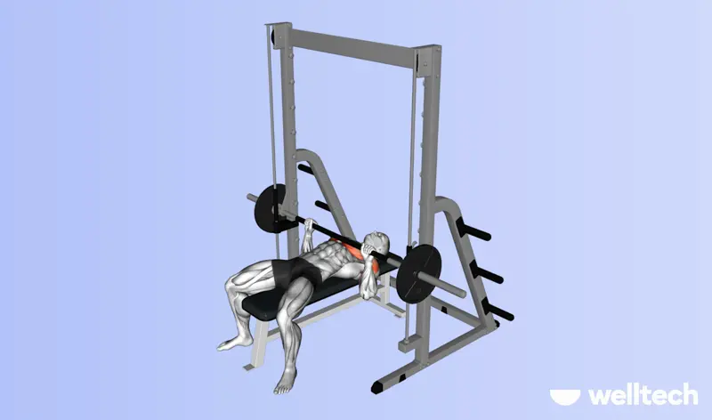 a male model is performing smith machine bench press