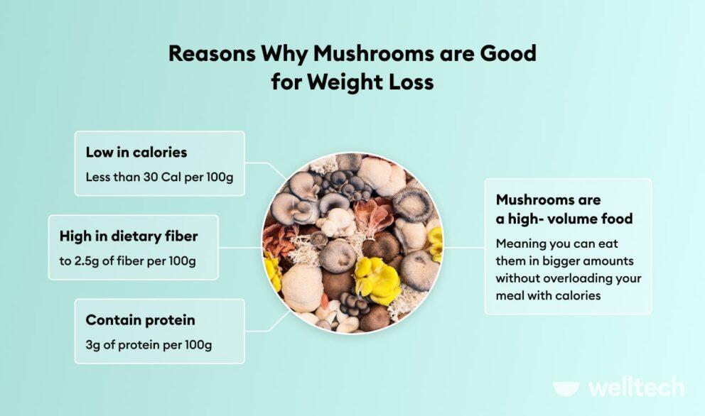 a pic of mushrooms with listed reasons why mushrooms are good for weight loss