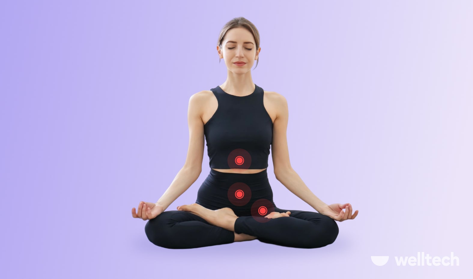 a woman is sitting in easy pose with areas of Hiatal, Inguinal and Umbilical hernia highlighted_yoga with hernia