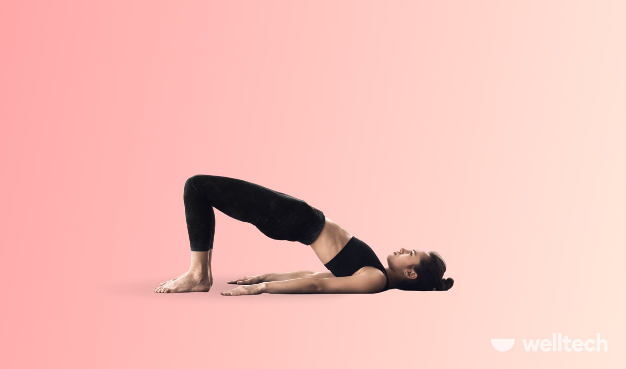a woman is performing Bridge Pose (Setu Bandha Sarvangasana)__core yoga poses