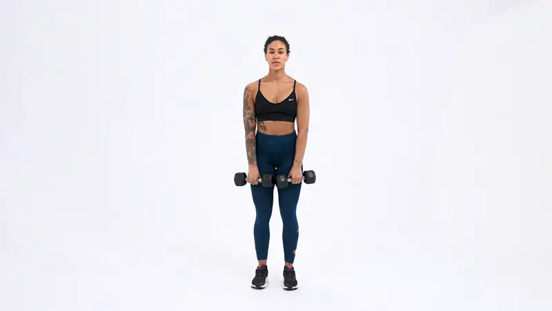 a woman is performing Dumbbell Upright Row, short head bicep exercises