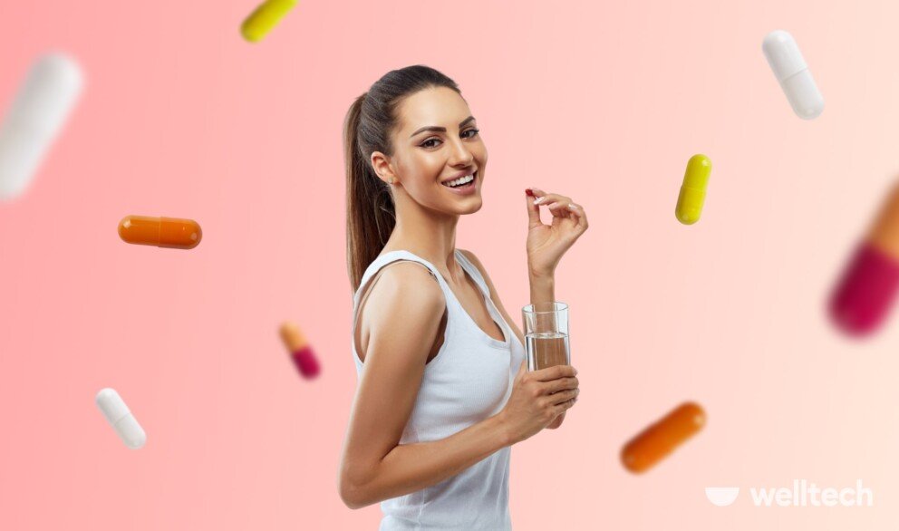 a woman is taking a supplement, smiling, peptides for weight loss