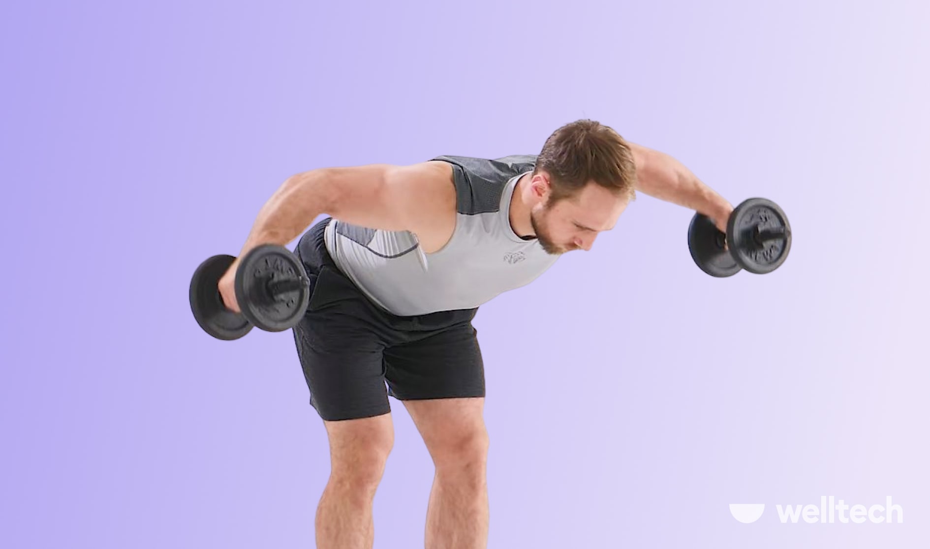 a man is performing rare delt fly exercise, reverse flyes with dumbbells, standing