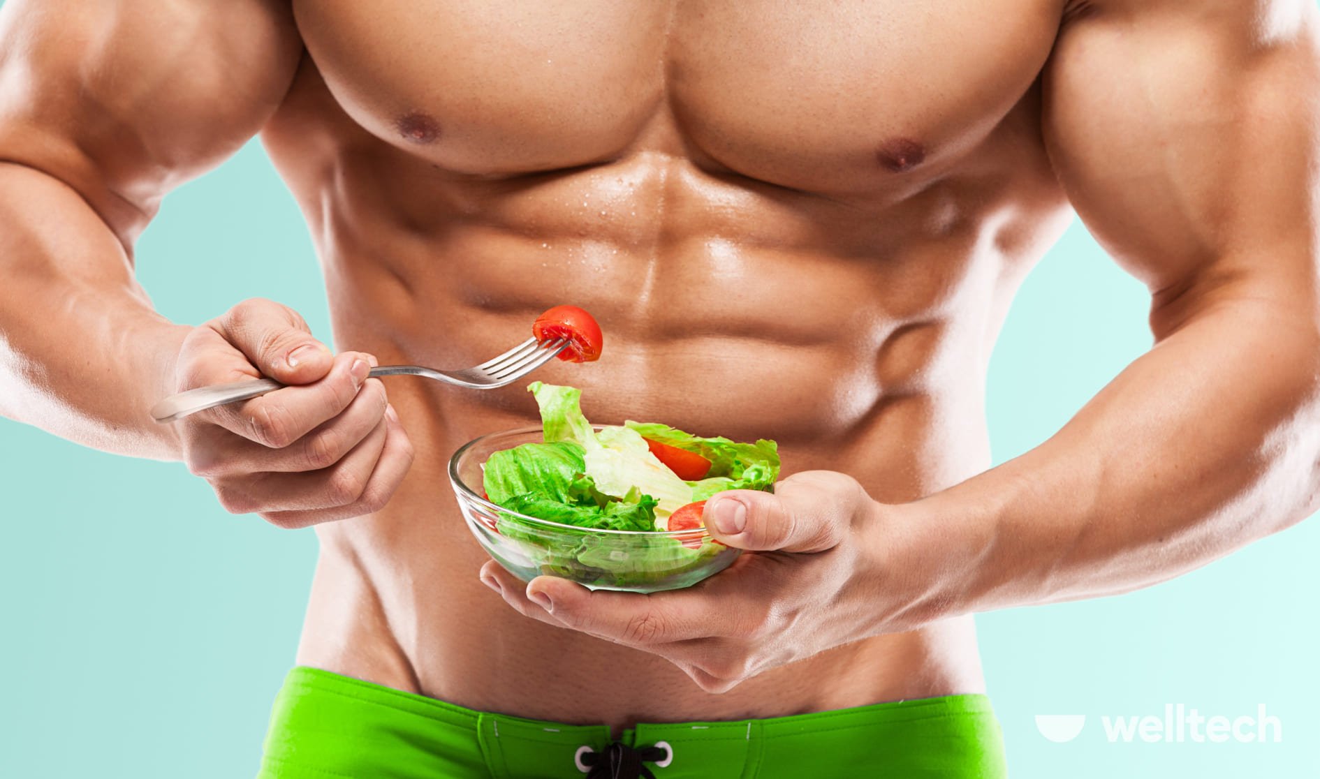 a male body with muscle gains, a man is holding a bowl of salad, vegetarian diet to build muscle