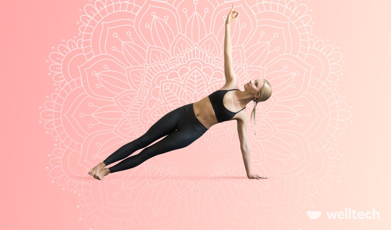 a woman is practicing yoga, doing high side plank, core yoga poses