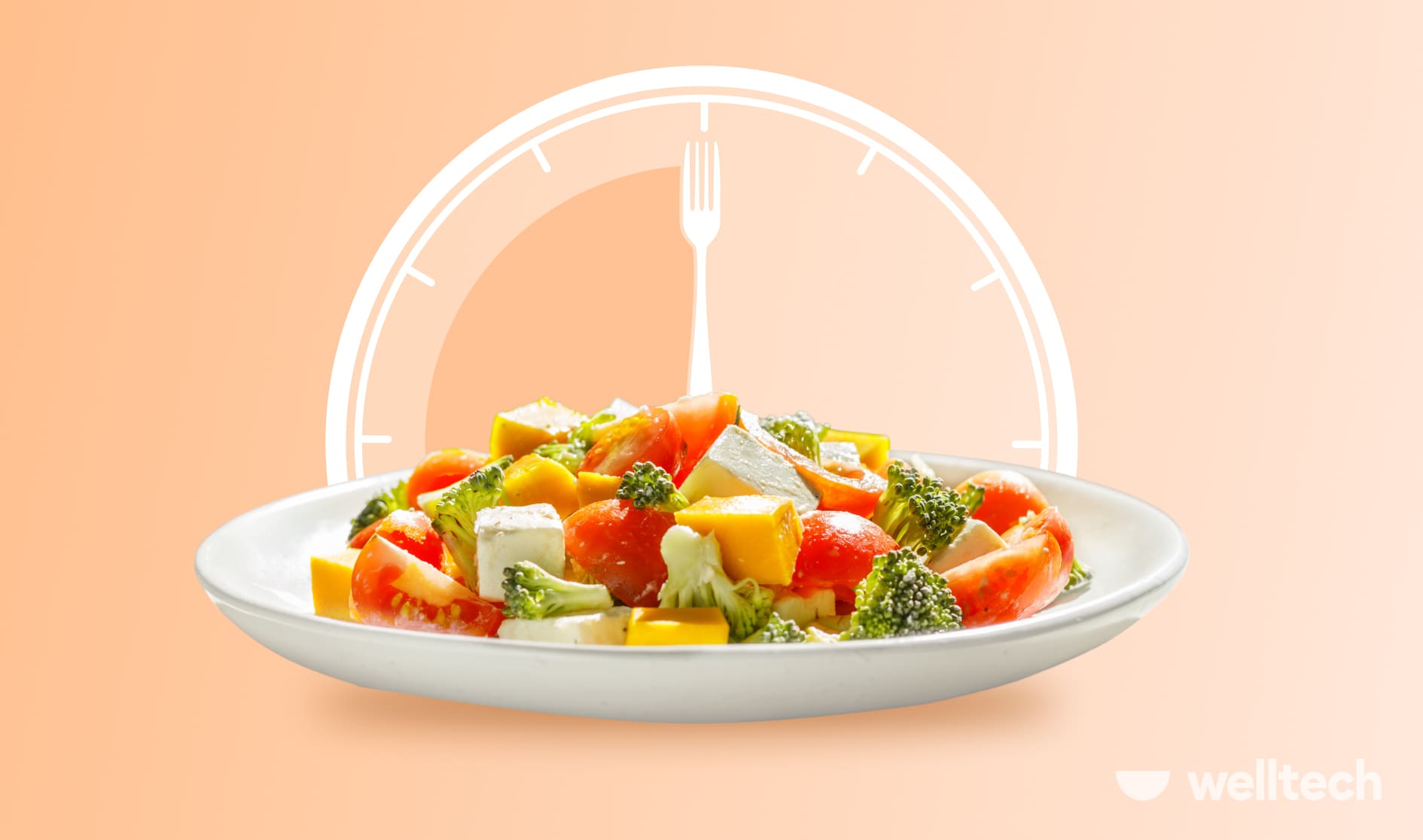 a plate with a salad with a clock on the background_intermittent fasting 20:4