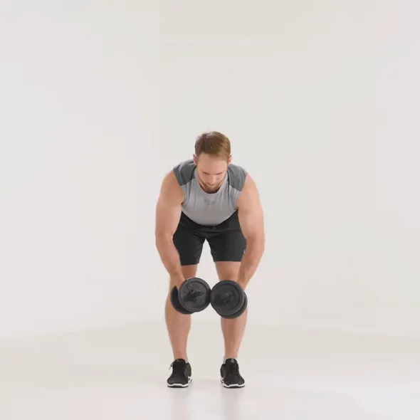 an animation of a man performing rare delt fly exercise, reverse flyes with dumbbells, standing