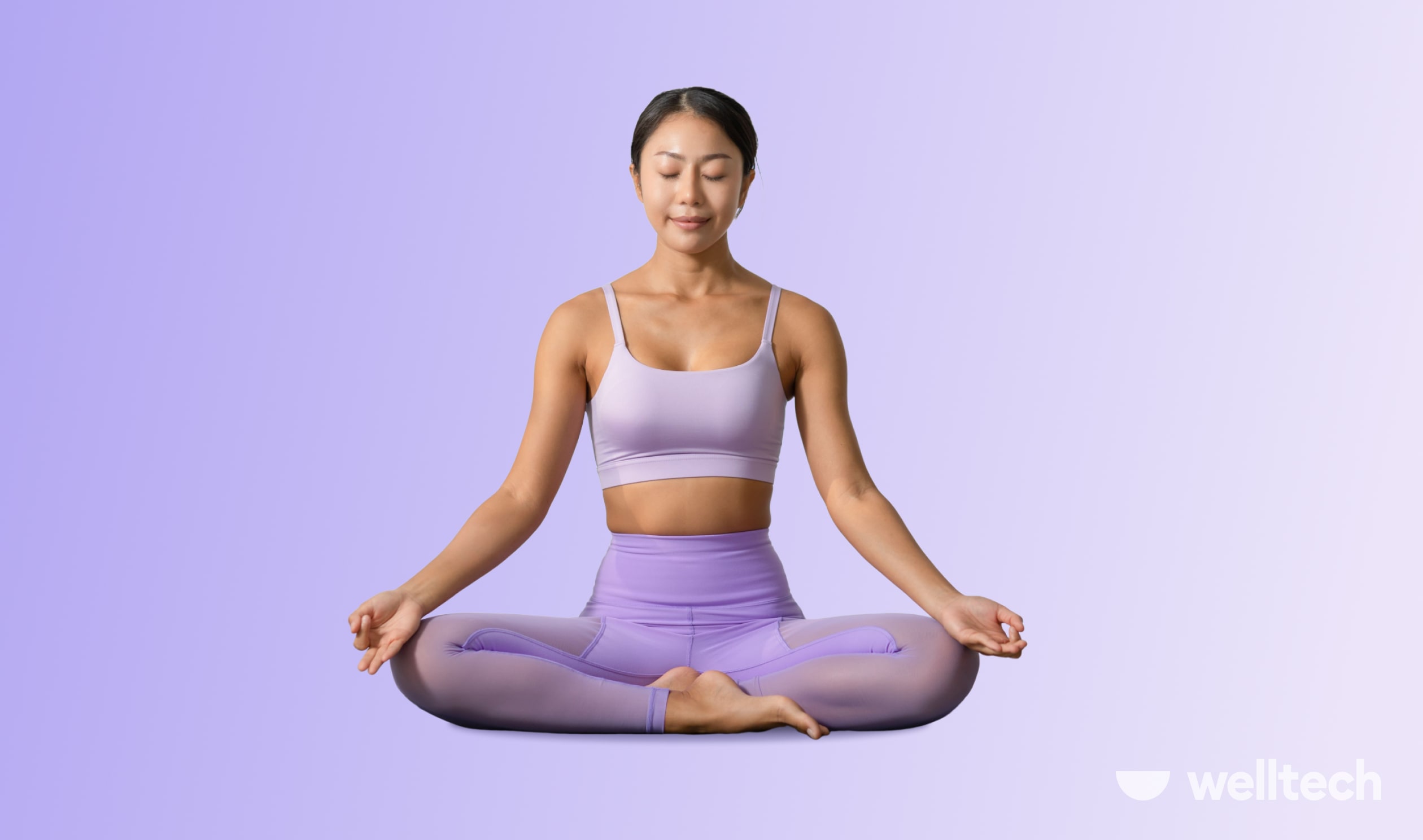 a young woman in purple sportswear is practicing yoga, doing Easy Pose, seated yoga poses