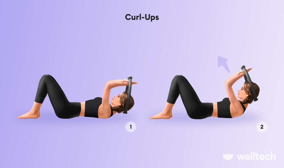 an illustration of a female model doing Curl-ups_how to use pilates ring