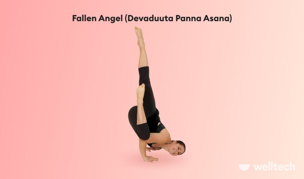 a woman is practicing Fallen Angel (Devaduuta Panna Asana)_crazy yoga poses