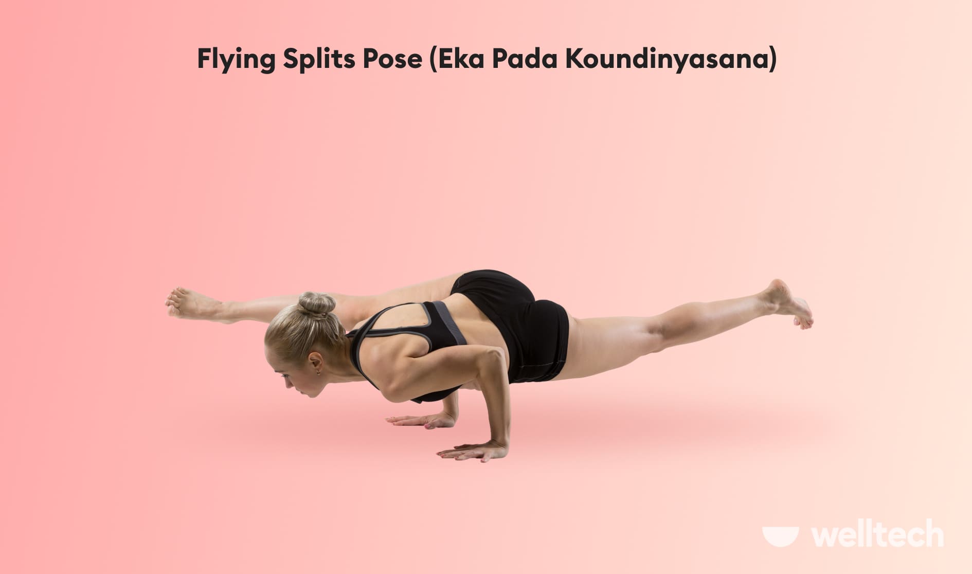 a woman is practicing Flying Splits Pose (Eka Pada Koundinyasana)_crazy yoga poses