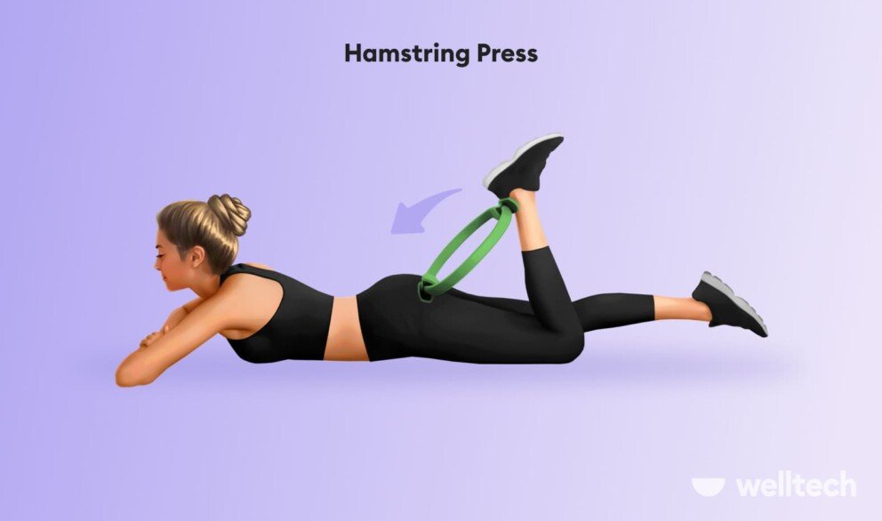 an illustration of a female model doing Hamstring press_how to use pilates ring