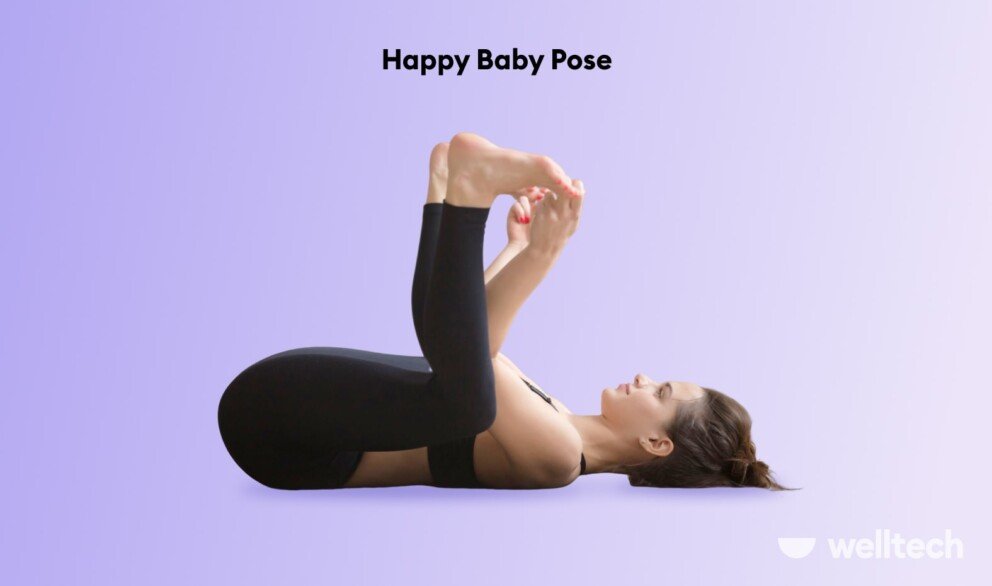 a woman is performing Happy Baby pose_stretches to decompress spine