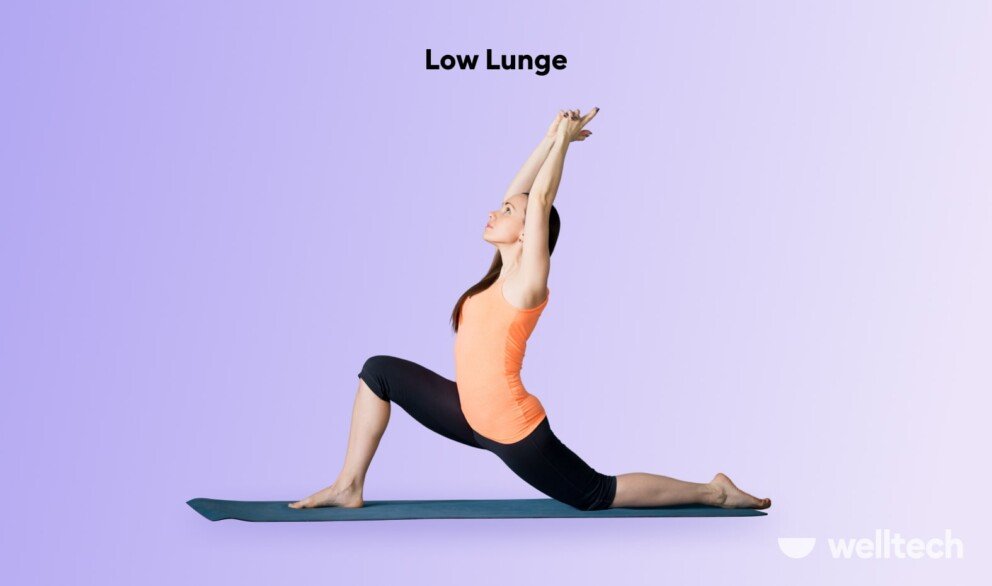 a woman is performing Low lunge_stretches to decompress spine