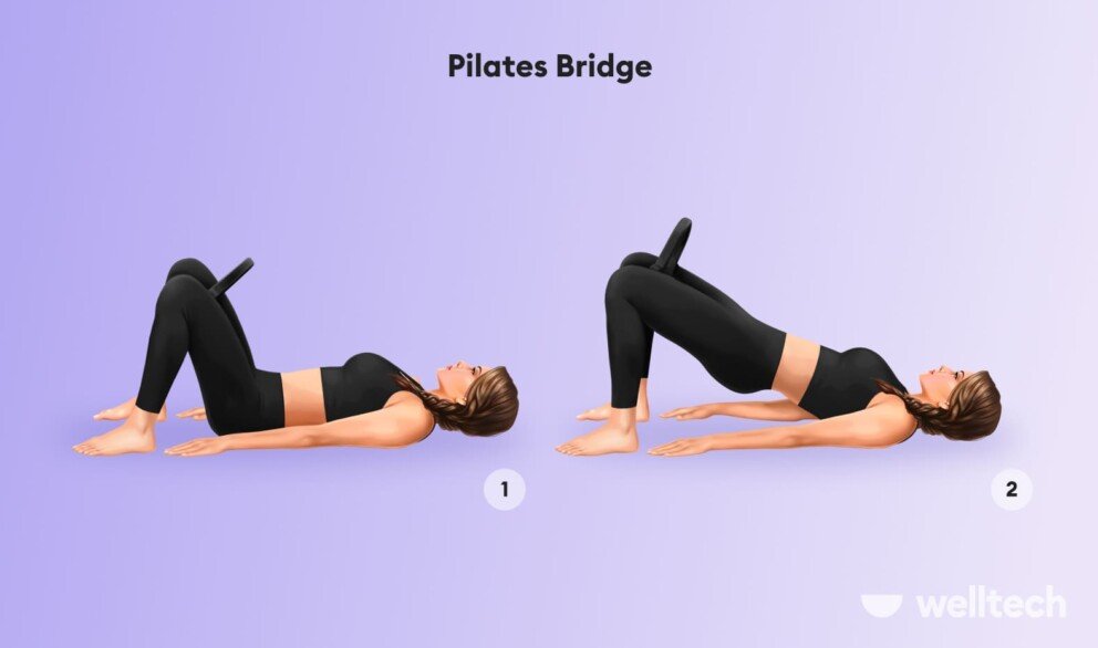 an illustration of a female model doing Pilates bridge_how to use pilates ring